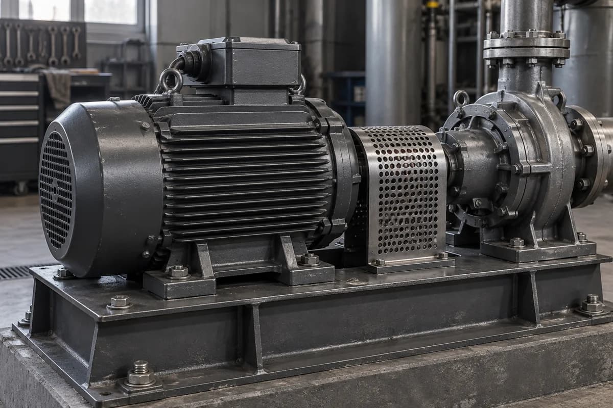 Conceptual electric motor and guarded pump coupling on a bolted industrial machine bed.