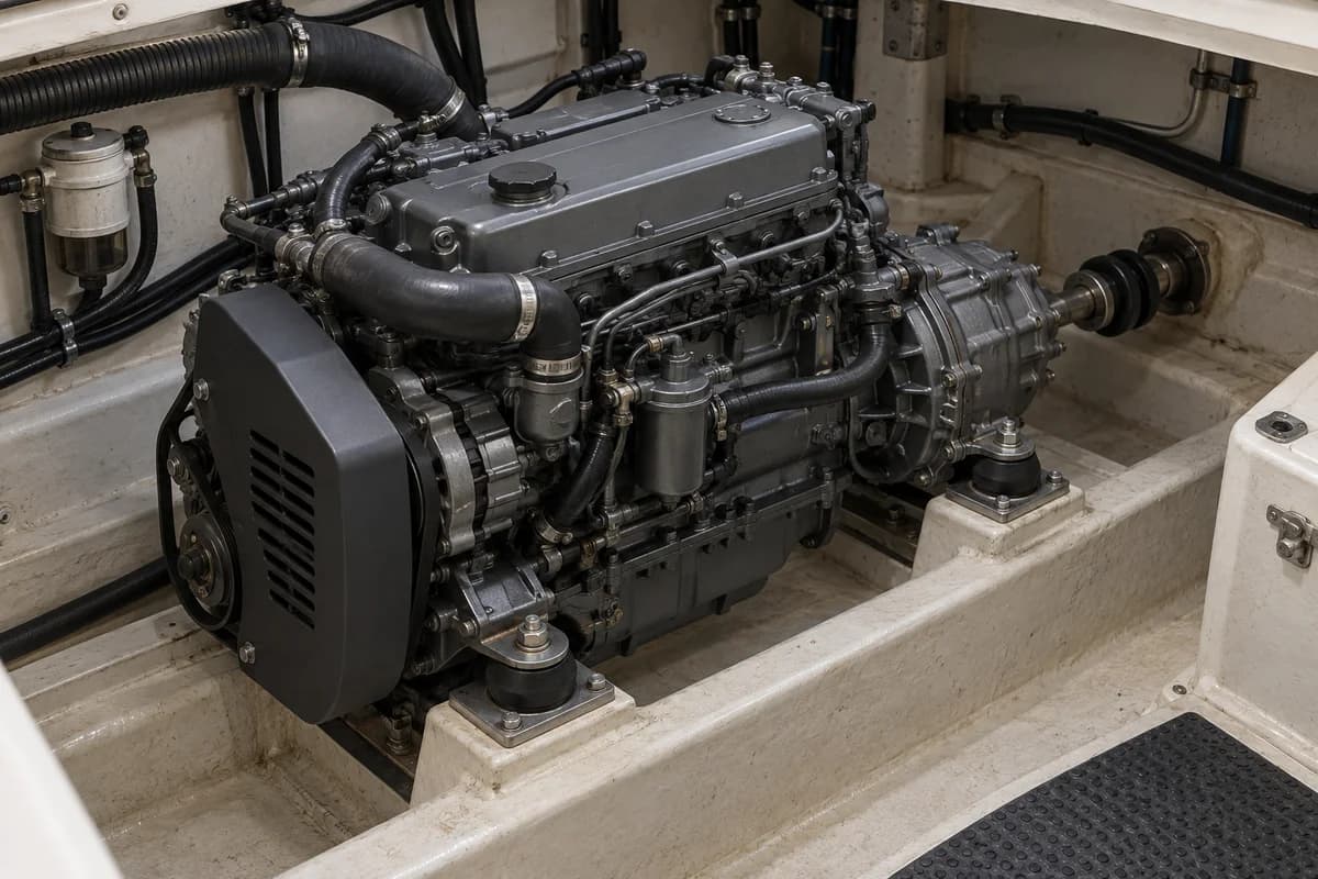 Conceptual inboard marine diesel engine with gearbox, resilient mounts and a short propulsion shaft.